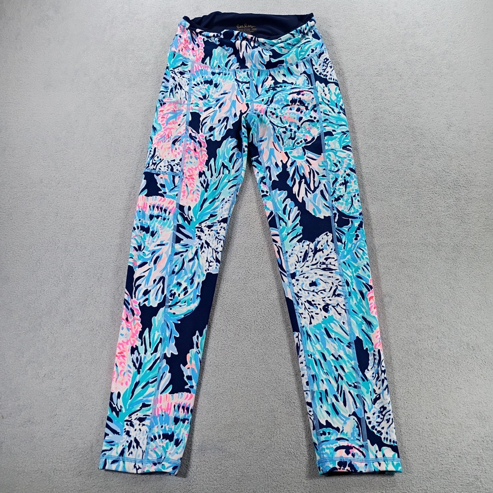 Lilly Pulitzer Womens Luxletic Leggings Blue Pink XS Tropical Pocket
